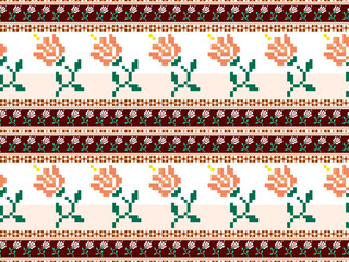 Flower cartoon character seamless pattern on orange background.Pixel style