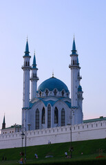 Fototapeta na wymiar Kazan, Russia - June 20 2021 - beautiful view of the Kul-Sharif mosque during sunny summer day in Kazan kremlin. Islamic architecture in Kazan city center. Travel and tourism concept.