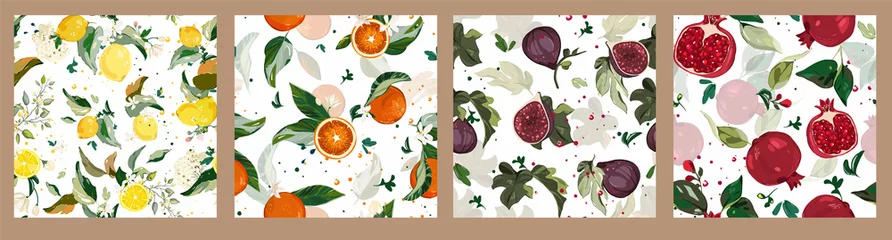Fotobehang  Big set vector seamless pattern with Garnet, lemon, orange and figs branch. green leaves, fruit, flowers © lisima
