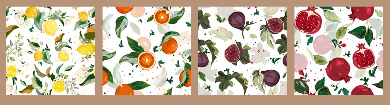  Big set vector seamless pattern with Garnet, lemon, orange and figs branch. green leaves, fruit, flowers