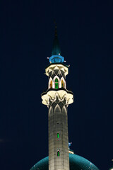 Fototapeta na wymiar Tatarstan, Russia - 7 July 2021.Kul Sharif mosque in Kazan Kremlin at night. View of Islamic architecture, famous tourist attraction of Kazan. Beautiful landmark of Kazan city and Kremlin.