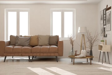 Stylish room in white color with sofa. Scandinavian interior design. 3D illustration