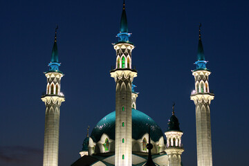 Tatarstan, Russia - 7 July 2021.Kul Sharif mosque in Kazan Kremlin at night. View of Islamic architecture, famous tourist attraction of Kazan. Beautiful landmark of Kazan city and Kremlin.