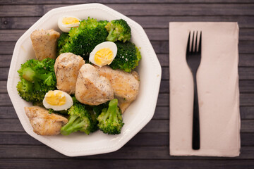pieces of fried chicken breast with boiled broccoli and quail eggs on plate for lunch