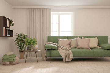 Modern living room in white color with sofa. Scandinavian interior design. 3D illustration