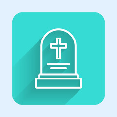 Obraz premium White line Grave with tombstone icon isolated with long shadow background. Green square button. Vector