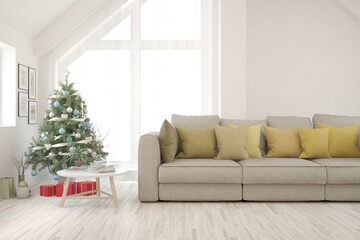 Winter new year interior of living room with sofa. Scandinavian design. 3D illustration