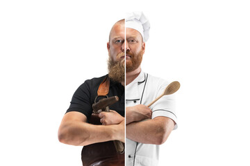 Artwork. Composite image of two halves of body of cook and smith isolated on white studio...
