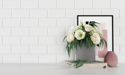 Interior Decor. Bouquet of flowers in a vase, book, pink small base, paintings. On the background of white tiles.