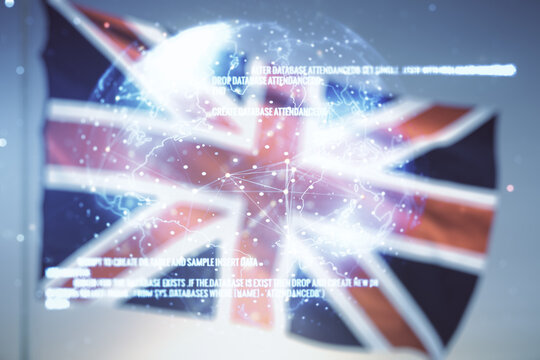 Double exposure of abstract programming language hologram and world map on British flag and blue sky background, research and development concept