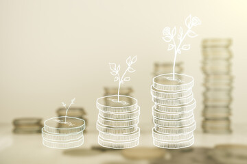 Virtual cash savings illustration on stacks of coins background. Retirement savings and capital...