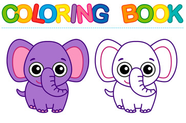 Coloring page funny cartoon elephant. Vector coloring book for childrens activity