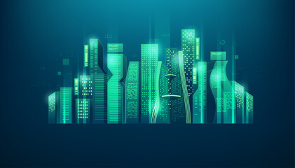 Digital city or futuristic city concept. Metaverse or Virtual reality technology concept.