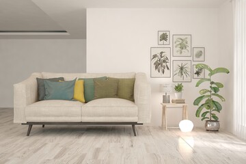 White living room with sofa. Scandinavian interior design. 3D illustration