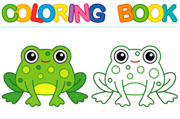 Coloring page funny smiling green cartoon frog. Vector coloring book for childrens activity