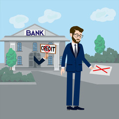 The bank did not approve the loan to the businessman. Vector illustration of a sad businessman who was not given a bank loan. The man looks sadly at the document in his hands