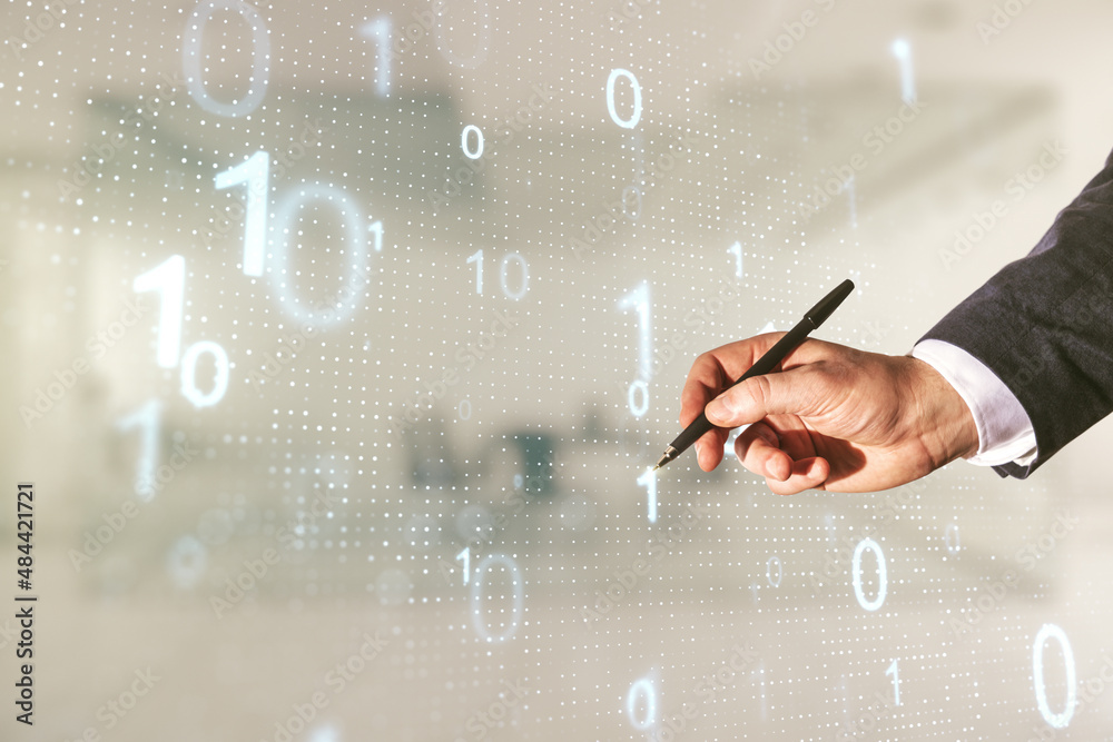 Poster male hand with pen working with abstract virtual binary code sketch on blurred office background, ha