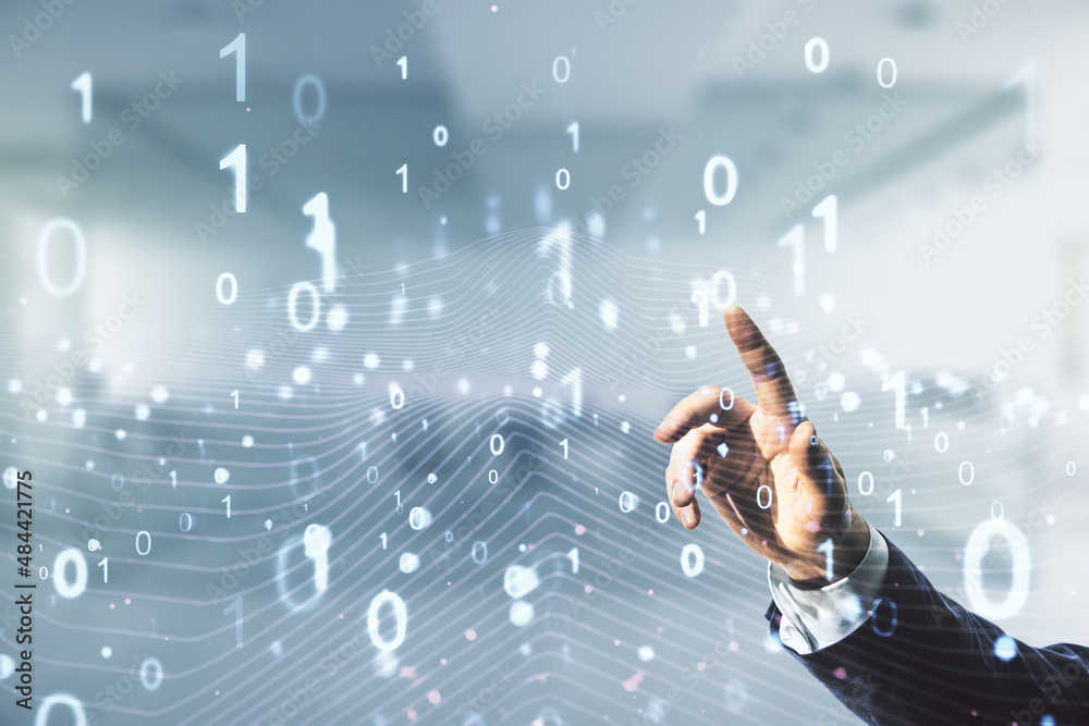 Poster man hand working with abstract virtual binary code illustration on blurred office background. big da
