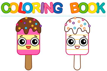Coloring page funny smiling ice cream. Vector coloring book for childrens activity