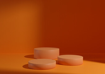Three bright orange podiums or stands on background for product display. Minimal composition for product display 3D rendering mockup. Window light coming from right side.