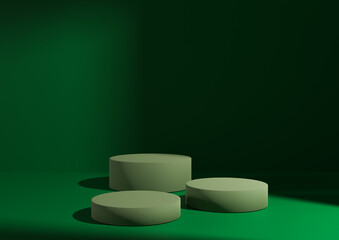 Obraz na płótnie Canvas Three light green podiums or stands on bright green background for product display. Minimal composition for product display 3D rendering mockup. Window light coming from right side.