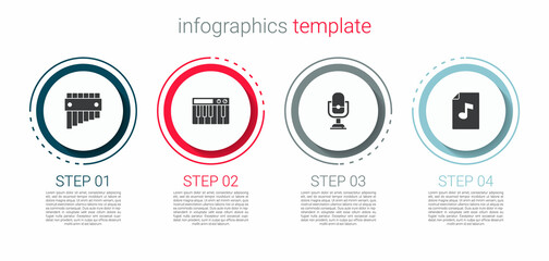 Set Pan flute, Music synthesizer, Microphone and book with note. Business infographic template. Vector