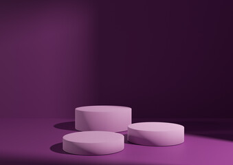Three light pink podiums or stands on violet background for product display. Minimal composition for product display 3D rendering mockup. Window light coming from right side.