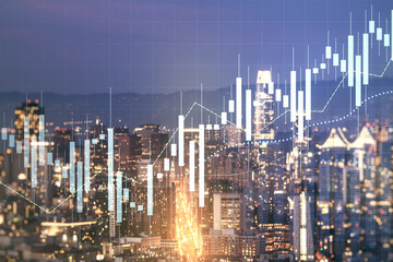 Abstract virtual financial graph hologram on San Francisco cityscape background, financial and trading concept. Multiexposure