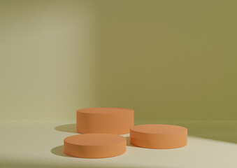 Three orange podiums or stands on light yellow background for product display. Minimal composition for product display 3D rendering mockup. Window light coming from right side.