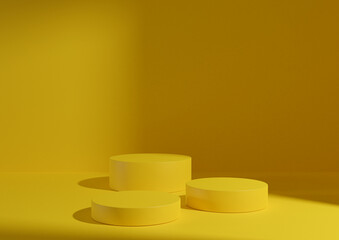 Three bright, sunny yellow podiums or stands on background for product display. Minimal composition for product display 3D rendering mockup. Window light coming from right side.