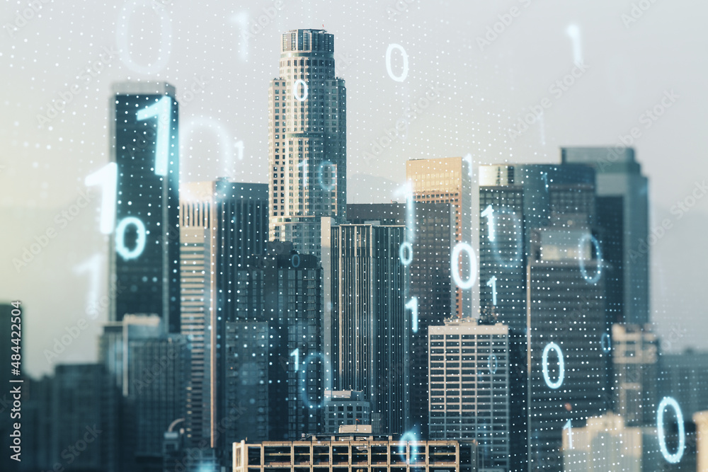 Leinwandbilder double exposure of abstract virtual binary code hologram on los angeles city skyscrapers background.