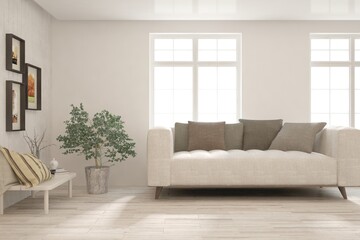 White living room with sofa. Scandinavian interior design. 3D illustration