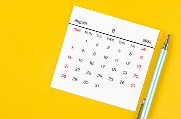 August 2022 calendar on yellow background.