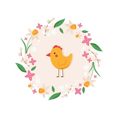 Cute Easter frame with baby chicken, eggs and spring flowers. Funny vector illustration drawn in cartoon style and isolated on white background