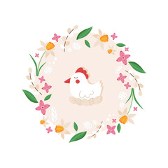 Cute Easter frame with chicken sitting on eggs. Romantic botanical vector wreath illustration drawn in cartoon style and isolated on white background