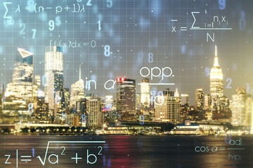 Abstract scientific formula hologram on New York city skyline background. Multiexposure
