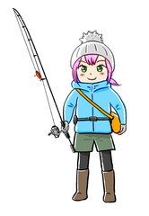 manga kawaii chibi young woman angler  illustration, winter autumn fashion