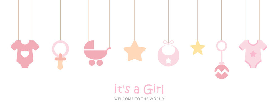 its a girl welcome greeting card for childbirth with hanging baby utensils