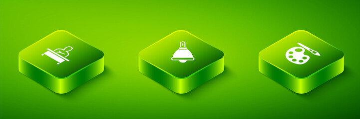 Set Isometric Ringing bell, Paint brush with palette and Schoolboy sitting at desk icon. Vector