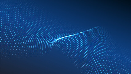 Wave of flowing particles on a dark background. Abstract backdrop with dynamic elements of waves and dots. Vector