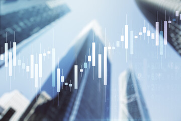 Multi exposure of abstract financial graph on office buildings background, forex and investment concept