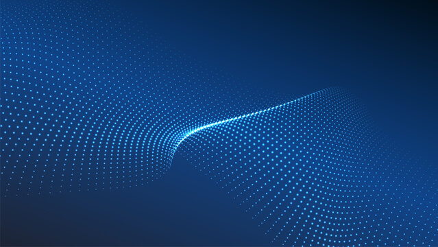 Wave of flowing particles on a dark background. Abstract backdrop with dynamic elements of waves and dots. Vector