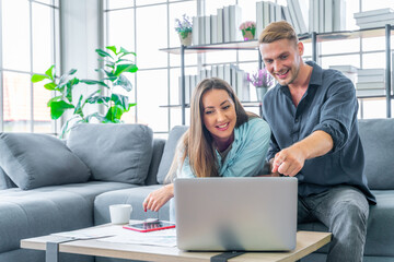 Photo of couples, families, European men and women. working together happily at home concept business man woman finance marketing family working at home