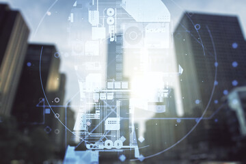 Naklejka premium Double exposure of creative artificial Intelligence hologram on modern skyscrapers background. Neural networks and machine learning concept