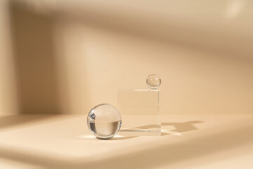 Skincare and cosmetic product showcase stand photography for online marketing include crystal ball and crystal cube stand on beige background
