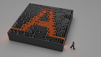 3D illustration of A-shaped maze with a man exiting it