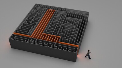 3D illustration of L-shaped maze with a man exiting it