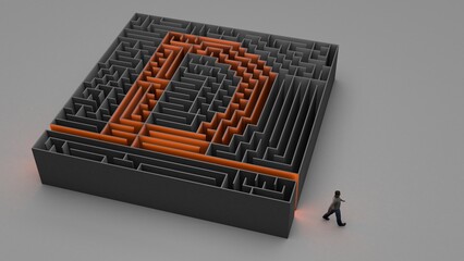 3D illustration of D-shaped maze with a man exiting it