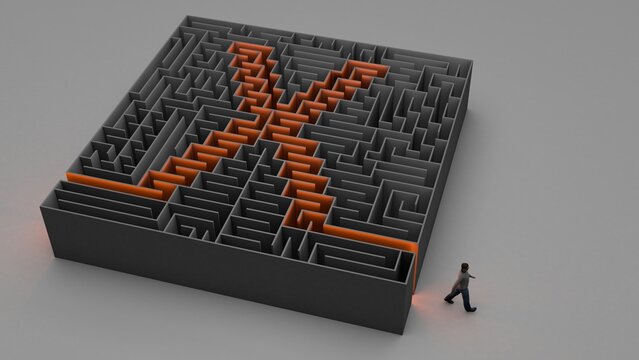 3D illustration of X-shaped maze with a man exiting it