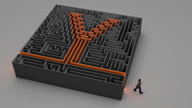 3D illustration of Y-shaped maze with a man exiting it